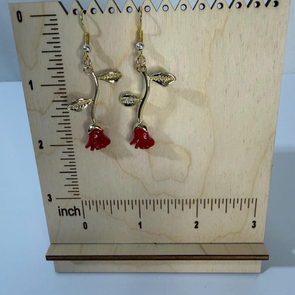 Red Rose Dangle Earrings - Gold Floral Drop‎ Earrings - Romantic Flower Earrings